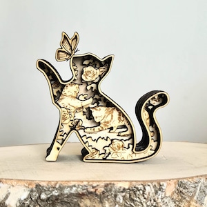 Decoração de gato de madeira multicamadas