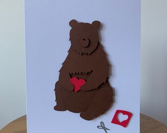 Bear in Love Handmade Valentine’s Day Card, 3D Greeting Card, Recycled Card