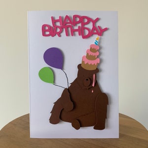 Cartão de aniversário artesanal de urso e bolo, cartão de felicitações 3D, cartão de felicitações de aniversário, cartão de aniversário infantil