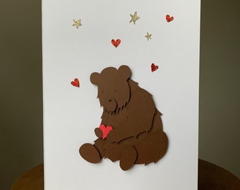 Bear Holding Heart Handmade Valentine’s Day Card, 3D Greeting Card, Recycled Card