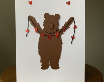 Bear Holding String of Hearts Handmade Valentine’s Day Card, 3D Greeting Card, Recycled Card