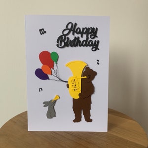 Handmade Bear in a Band Card, 3D Greeting Card, Happy Birthday Greeting Card, Recycled Card