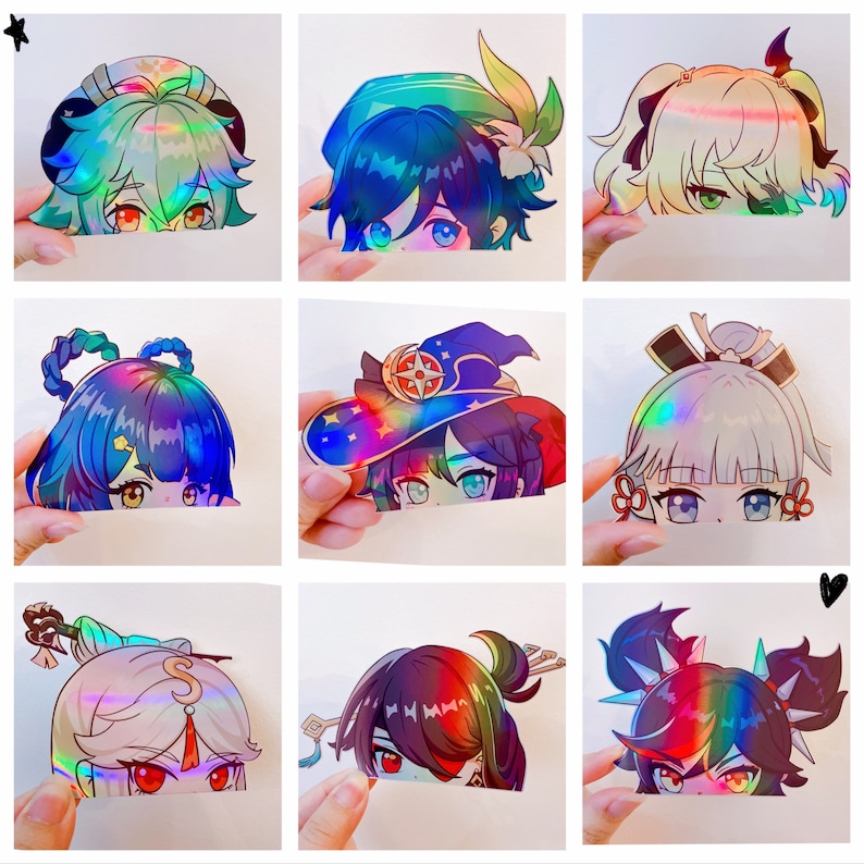May include: A set of ten holographic stickers featuring anime characters with colorful hair and clothing. The stickers are printed on clear vinyl and have a glossy finish.