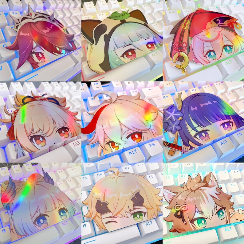 May include: A set of eight holographic keycaps featuring anime characters with colorful hair and eyes. The keycaps are designed to fit standard mechanical keyboards. The keycaps are made of durable plastic and have a glossy finish.