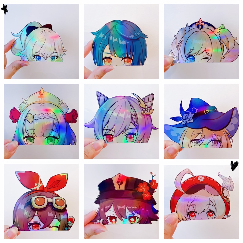 May include: Nine colorful holographic stickers featuring anime characters with different hairstyles and outfits. The stickers are on a white background.