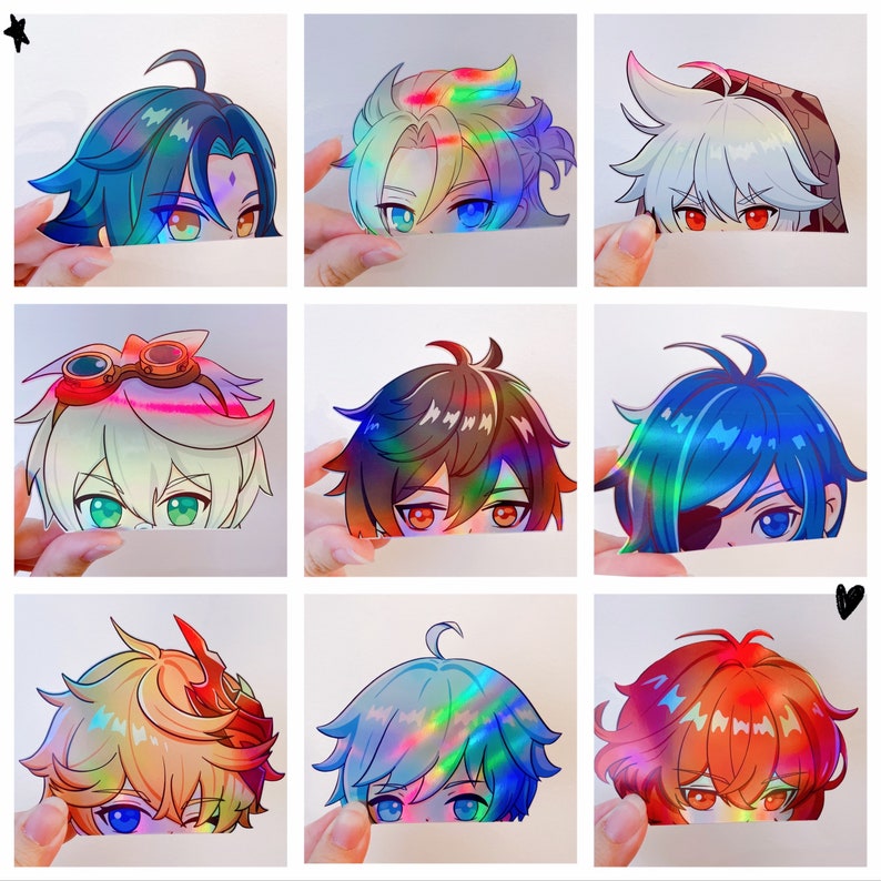 May include: Nine colorful holographic stickers featuring anime-style characters with different hairstyles and expressions. The stickers are printed on a white background.
