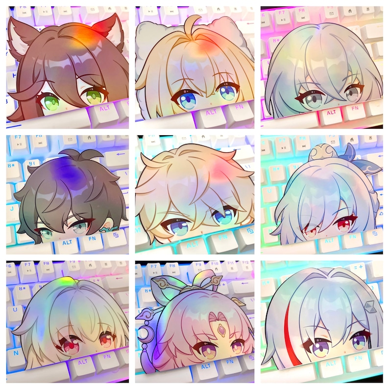 May include: Nine colorful anime-style character stickers, each featuring a close-up of eyes and hair, peeking over a white keyboard with illuminated keys. The stickers have a rainbow-like effect.