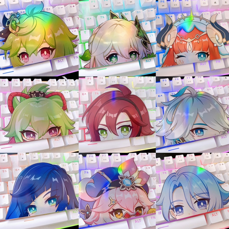 May include: Set of ten holographic keyboard keycaps featuring anime characters with colorful hair and eyes. The keycaps are designed to fit standard mechanical keyboards.