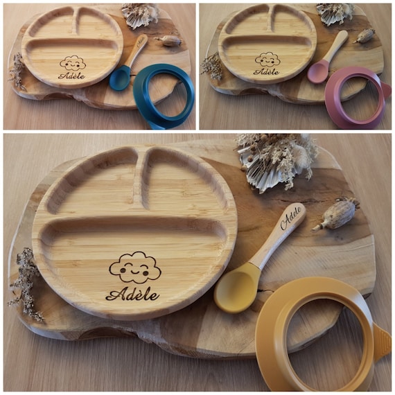 Plato bebe personalizado en madera de bambú grabado láser -  España