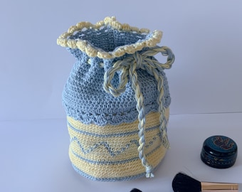 Trousse de Toilette et Maquillage en Coton,Pochon Fait Main au Crochet,Petit Sac Rangement Bleu et Jaune,Sac Décor Jacquard Lien Coulissant