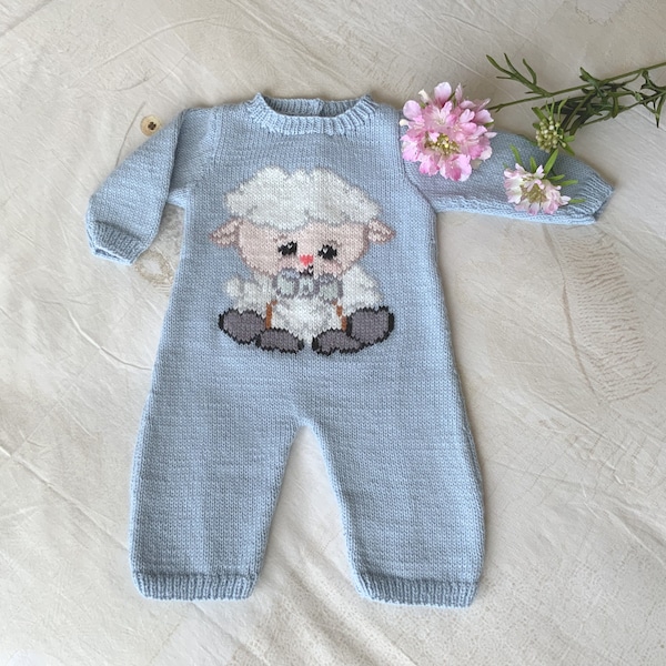 Grenouillère Bébé Bleue Tricotée à la Main,Tenue Bébé Décor Mouton Blanc Brodé Main,Combinaison Pantalon Manches Longues Cadeau de Naissance