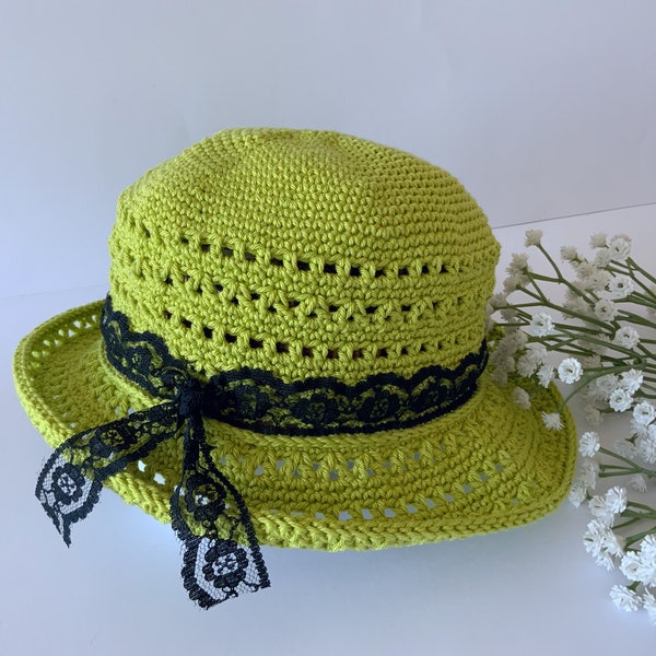 Green Black Lace Sun Hat,Handmade Crochet Women Hat,Comfortable Soft Cotton Hat,Washable Foldable Summer Hat