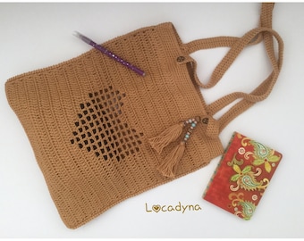 Sac Tendance Deco Coeur en Coton,Tote Bag Camel Fait Main au Crochet,Cadeau Original Femme,Sac Bohême Pompons Perles,Sac Coton Multi Usages