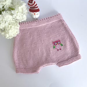 Hand Knitted Pink Baby Bloomers, Newborn Diaper Cover Pants, Owl Decor Newborn Pants, Comfortable Baby Bloomers
