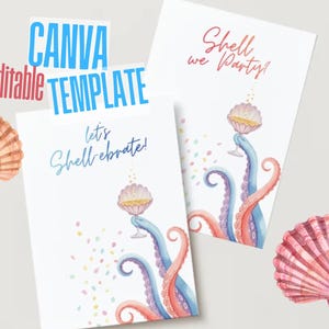 Könnte beinhalten: Zwei weiße Canva-Vorlagenkarten mit Aquarellillustrationen von Oktopus-Tentakeln, die Champagnergläser halten. Die Karten tragen den Text "Shell we Party!" und "let's Shell-ebrate!" mit bunten Konfetti- und Muschel-Akzenten.