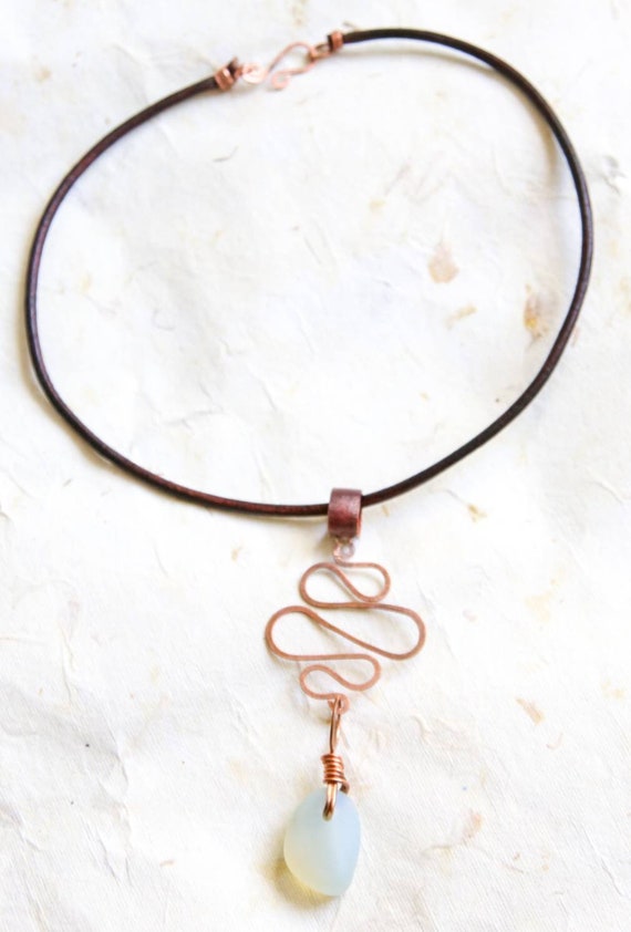Hammered copper and seaglass pendant on leather choker