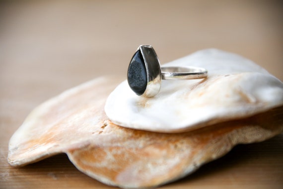 Black diamond druzy ring, Sterling silver, super sparkly, size S  (UK)