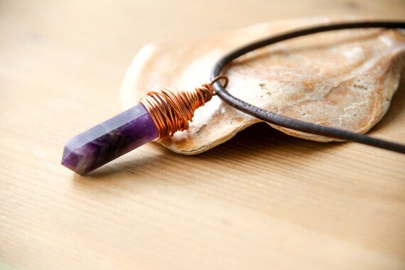 Hammered copper and Amethyst pendulum pendant on leather choker