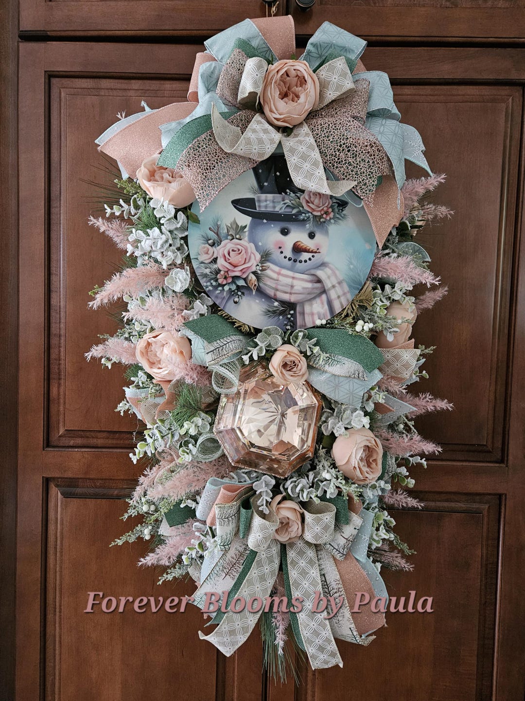 Blush & Mint Snowman Swag: Elegant Winter Door Decor With Roses - Etsy