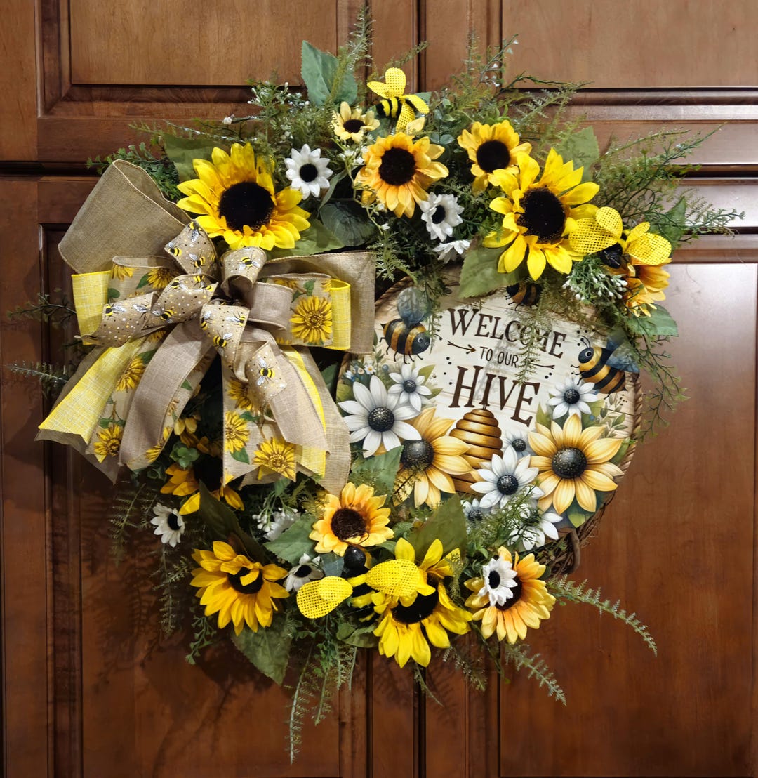 Honey Bee Sunflower Wreath for Front Door, Welcome to Our Hive ...