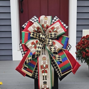 Nutcracker Christmas Bow, D’Lux Designer Ribbon Bow, Red Green Gold Black Harlequin Holiday Bow, Christmas Wreath Bow