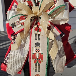 Nutcracker Christmas Bow, Red Velvet and Gold Holiday Bow, Handmade Wreath Bow, Christmas Tree Topper, Lantern Bow