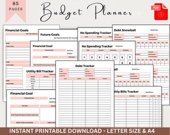 May include: A set of printable budget planner pages in pink and white. The pages include sections for financial goals, debt tracking, and expense tracking. The text "Budget Planner" is written in cursive. Includes A4 size.
