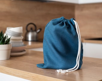 Reusable linen bread bag. Zero waste food storage bag. Dark blue drawstring bag. Sustainable food storage. Natural kitchen linens