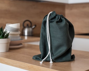 Reusable linen bread bag. Zero waste food storage bag. Forest green drawstring bag. Sustainable food storage. Natural kitchen linens