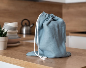 Reusable linen bread bag. Zero waste food storage bag. Sky blue drawstring bag. Sustainable food storage. Natural kitchen linens