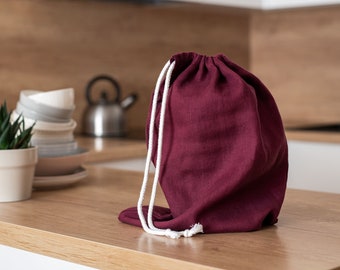 Reusable linen bread bag. Zero waste food storage bag. Burgundy drawstring bag. Sustainable food storage. Natural kitchen linens