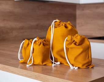 Mustard yellow linen bread bag set. Reusable linen bread bag. Zero waste storage bag. Yellow drawstring bag. Sustainable food storage.