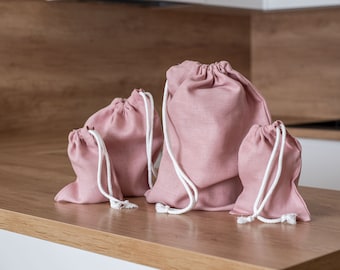 Ensemble de sacs à pain en lin rose poudré. Sac à pain en lin réutilisable. Sac de rangement zéro déchet. Sac à cordon rose clair. Stockage durable des aliments.