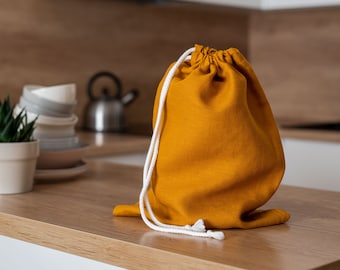 Sac à pain en lin réutilisable. Sac de rangement alimentaire zéro déchet. Sac à cordon jaune moutarde. Stockage alimentaire durable. Linge de cuisine naturel