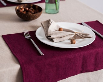 Burgundy linen placemats. Softened linen placemats set. Linen dinner placemats. Handmade table linens. Linen dinner table set