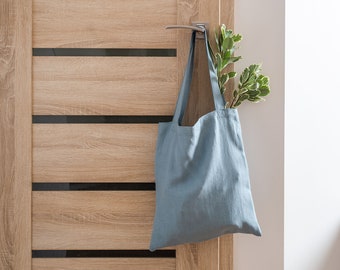 Dusty blue linen tote bag. Linen shoulder bag. Reusable market bag. Natural linen shopping bag. Street bag, Shopping bag in various colors