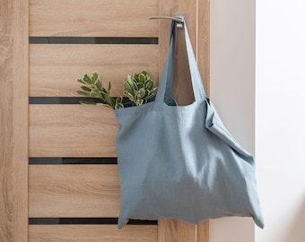 Large and wide dusty blue linen shopping bag. Linen shoulder bag. Market bag. Natural linen tote bag. Beach bag. Grocery bag. Street bag