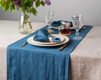 Denim blue linen table runner. Softened linen table runner. Dining table decor. Kitchen table runner. Natural linen table decor