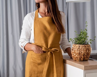 Mustard yellow linen apron. Classic kitchen apron with two front pockets. Full linen apron. Gardening apron. Barista apron. Custom colour.