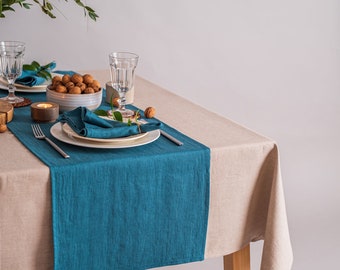 Teal blue linen table runner. Softened linen table runner. Dining table decor. Kitchen table runner. Natural linen table decor