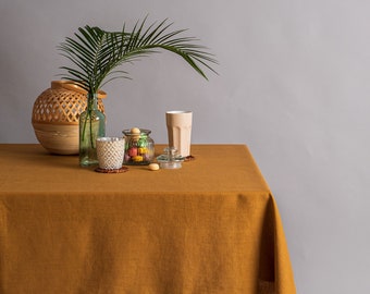 Mustard yellow linen tablecloth. Soft linen table cloth. Dining table decor. Rectangular, square tablecloths. Custom size tablecloth