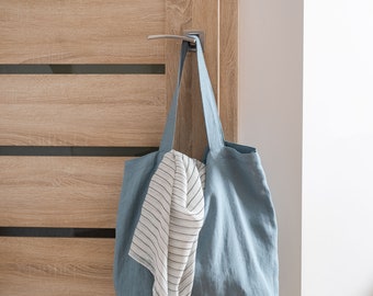 Large linen shopping bag. Dusty blue linen shoulder bag. Reusable market bag. Natural linen tote bag. Beach bag. Grocery bag. Street bag