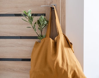 Large and wide mustard yellow linen shopping bag. Linen shoulder bag. Market bag. Natural linen tote bag. Beach bag. Grocery bag. Street bag