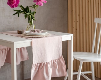 Blush pink linen table runner with ruffle. Ruffled linen table runner. Dining table decor. Kitchen table runner. Natural linen table decor