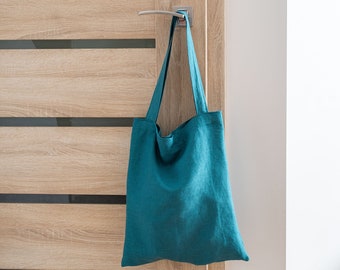 Teal blue linen tote bag. Linen shoulder bag. Reusable market bag. Natural linen shopping bag. Street bag, Shopping bag in various colors