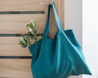 Large and wide teal blue linen shopping bag. Linen shoulder bag. Market bag. Natural linen tote bag. Beach bag. Grocery bag. Street bag