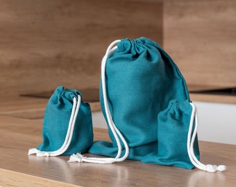 Teal blue linen bread bag set. Reusable linen bread bag. Zero waste storage bag. Natural linen drawstring bag. Sustainable food storage.