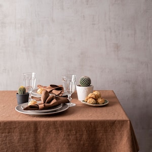Cocoa brown linen tablecloth. Warm brown table linen. Various colors. Sustainable table decor. Custom size tablecloth