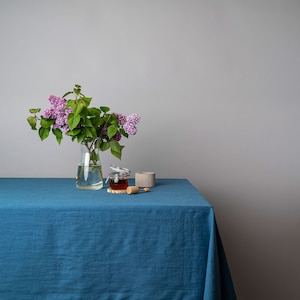 Denim blue linen tablecloth. Various colors. Sustainable Easter table decor. Rectangular, square tablecloths. Custom size tablecloth