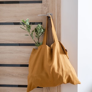 Large and wide mustard yellow linen shopping bag. Linen shoulder bag. Market bag. Natural linen tote bag. Beach bag. Grocery bag. Street bag image 1